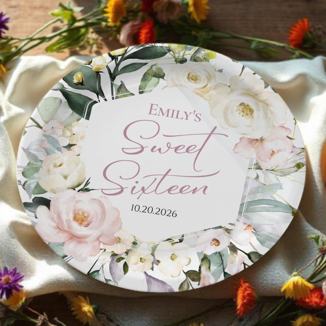 Assiettes En Carton Boho Vert Floral Frame Sweet 16 (Créateur téléchargé)