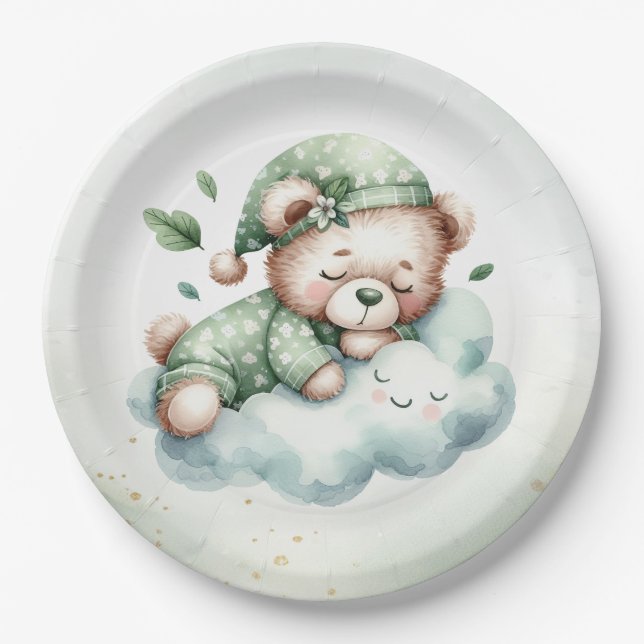 Assiettes En Carton Boho Vert Sleeping Teddy Bear mignon Baby shower (Devant)