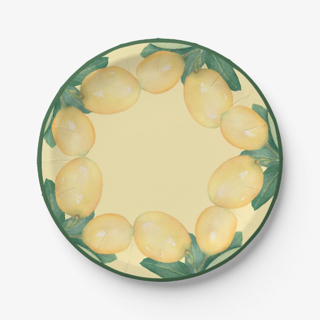 Assiettes En Carton Boho Watercolor Lemons & Feuilles (Devant)