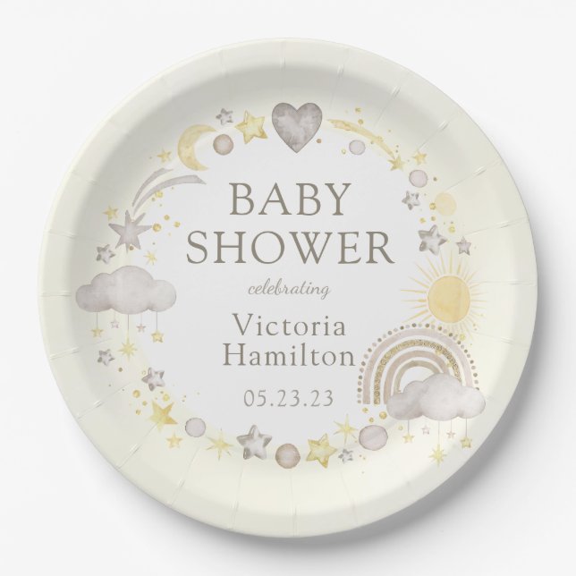 Assiettes En Carton Boho Watercolor Rainbow Baby shower (Devant)