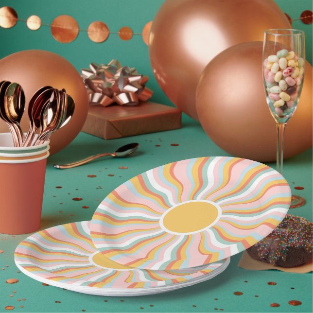 Assiettes En Carton Boho Wavy Sun Rays Retro Design (Multi)