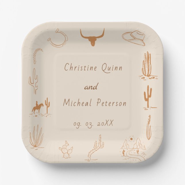Assiettes En Carton Boho Western Cowboy Illustration Wedding (Recto)