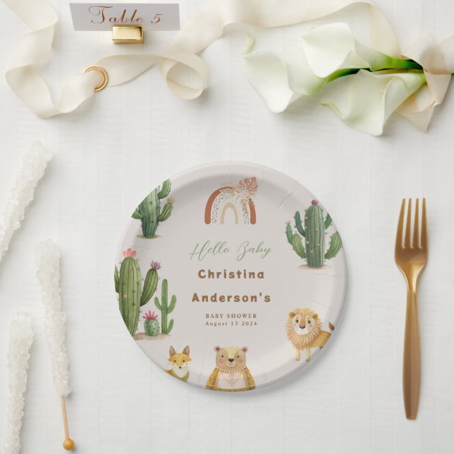 Assiettes En Carton Boho Woodland Bear Lion Fox Cactus Baby shower (Mariage)