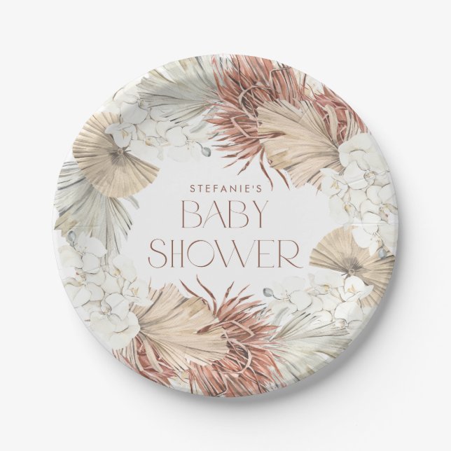 Assiettes En Carton Boho Wreath Palm Feuilles et Baby shower d'orchidé (Devant)