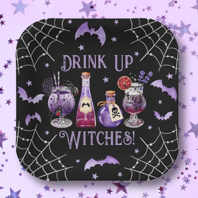 Assiettes En Carton Boire des sorcières Cocktails et Costume Halloween (Drink Up Witches Cocktails and Costume Halloween Paper Plates)