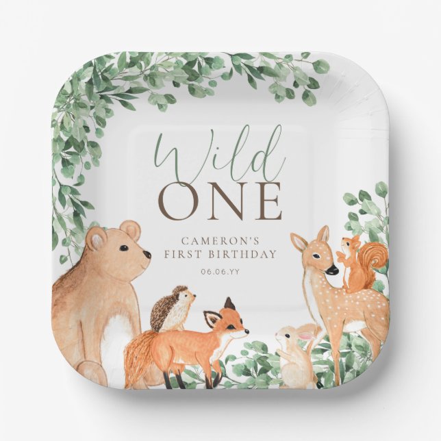 Assiettes En Carton Bois Animaux Blanc Sauvage Un premier anniversaire (Recto)