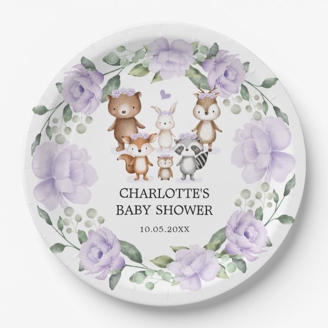 Assiettes En Carton Bois Animaux Fleurs violettes Wreath Baby Girl (Devant)
