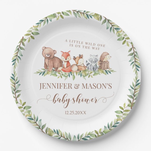 Assiettes En Carton Bois animaux forestiers Plaques en papier baby sho (Devant)