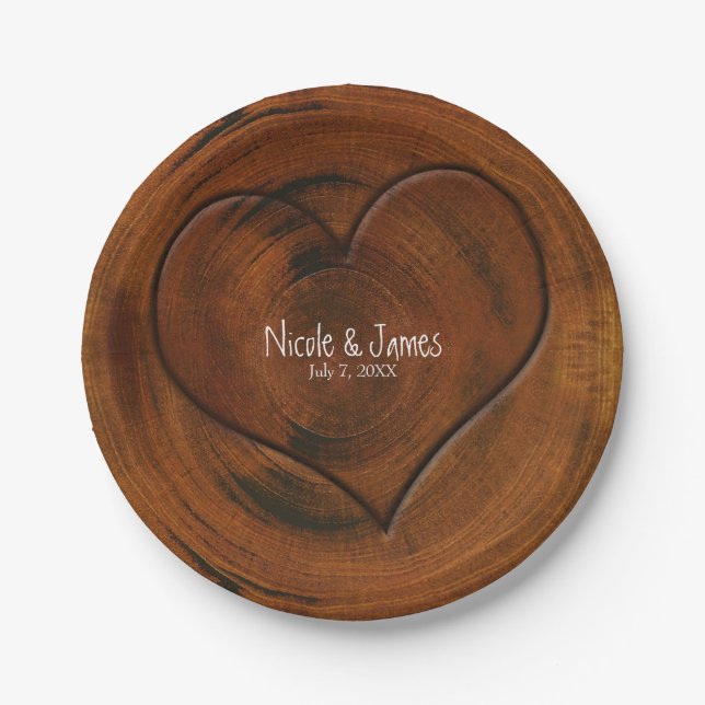 Assiettes En Carton Bois Arbre Pompe avec Coeur sculpté Mariage rustiq (Devant)