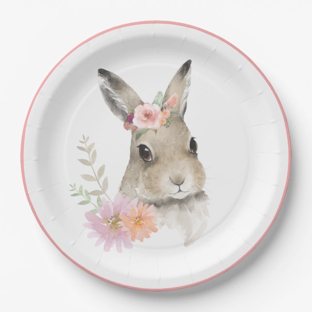 Assiettes En Carton Bois Baby shower d'aquarelle de lapin Floral (Devant)