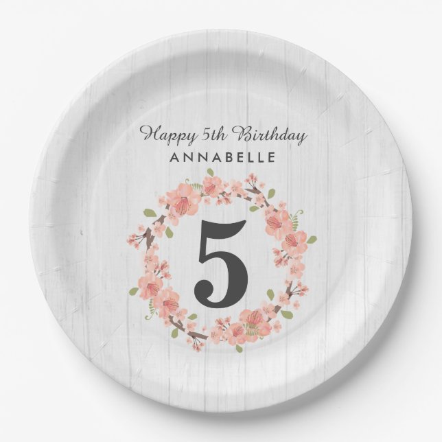 Assiettes En Carton Bois blanc et bracelet de fleurs Wreath Joyeux ann (Devant)
