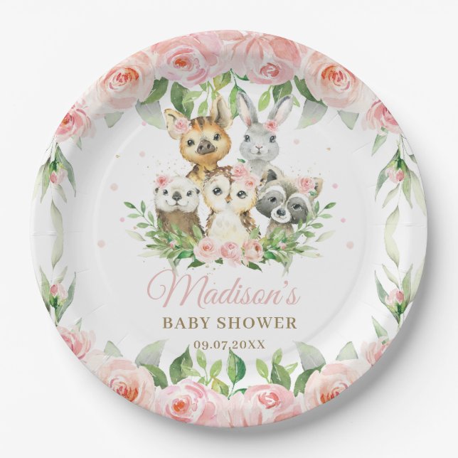Assiettes En Carton Bois Chouette Chouette Rose Floral Girl Baby showe (Devant)