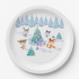 Assiettes En Carton Bois dansantes Animaux de Noël Aquarelle