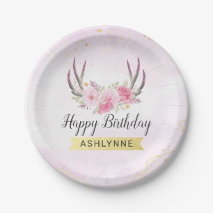 Assiettes En Carton Bois de cerf floraux rose poudré et or pour l'anni