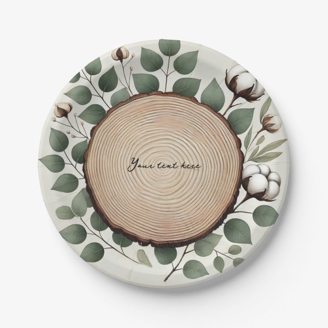 Assiettes En Carton Bois de forêt Eucalyptus et Coton Mariage rustique (Devant)