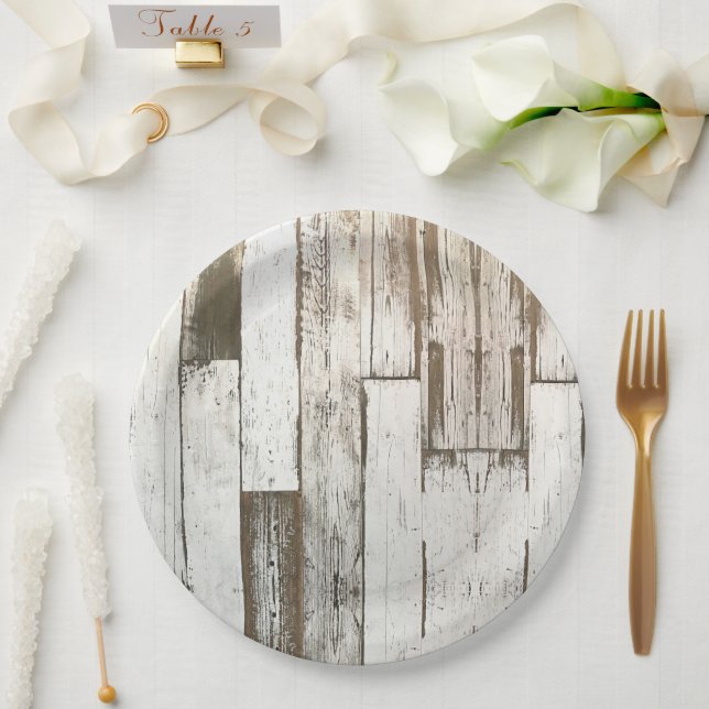 Assiettes En Carton Bois de grange blanc à veinage rustique, fête west (Mariage)