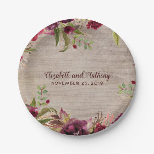 Assiettes En Carton Bois et fleurs bourguignonnes Mariage rustique