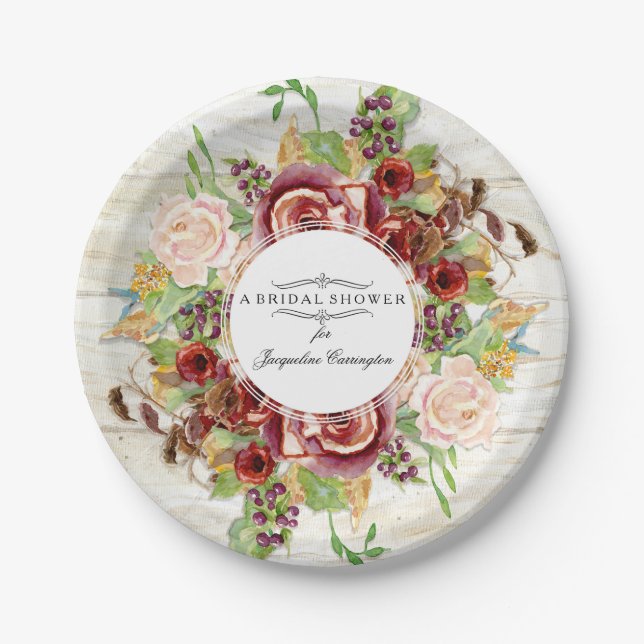 Assiettes En Carton Bois floral d'aquarelle de rose de Bourgogne de (Devant)