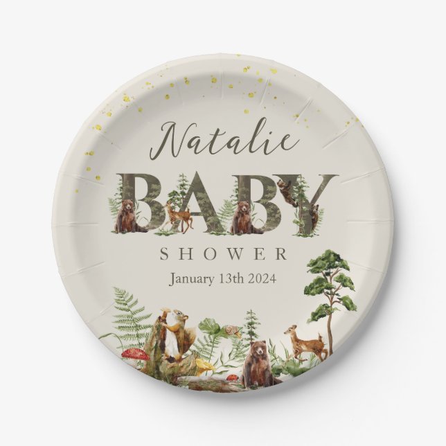 Assiettes En Carton Bois Forêt baby shower animal signe de bienvenue (Devant)