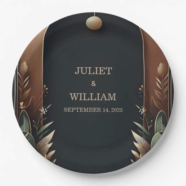 Assiettes En Carton Bois Forêt Grange rustique Mariage Arc de ferme (Devant)