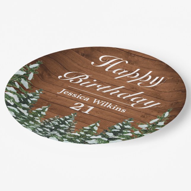 Assiettes En Carton Bois neigeux & Forêt Pin de campagne heureux Anniv (Angle)