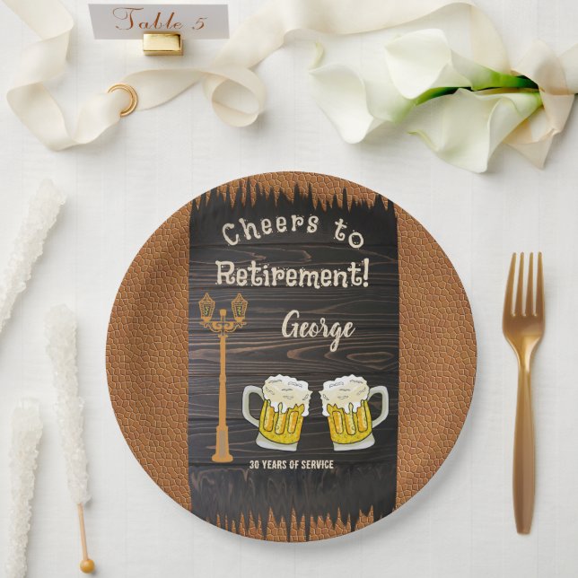 Assiettes En Carton Bois rustique & Bière & Cuir Bonne Retraite (Mariage)