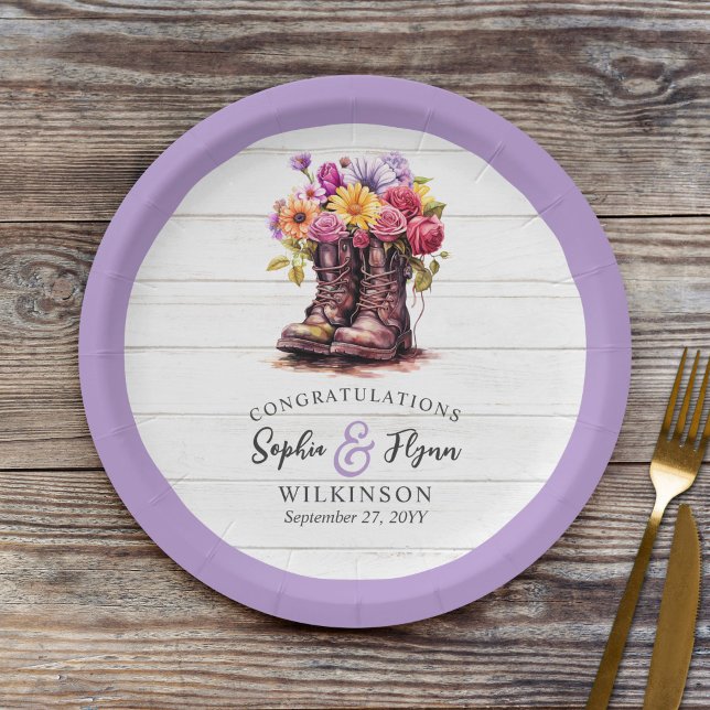 Assiettes En Carton Bois rustique & Bottes Florales Mariage de ferme (Créateur téléchargé)