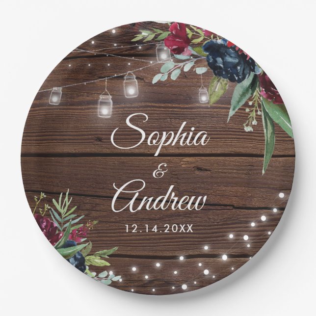 Assiettes En Carton Bois rustique Bourgogne Floral Lumières Mariage (Devant)