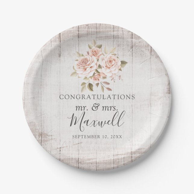 Assiettes En Carton Bois rustique & Roses romantiques Shabby Chic Mari (Devant)