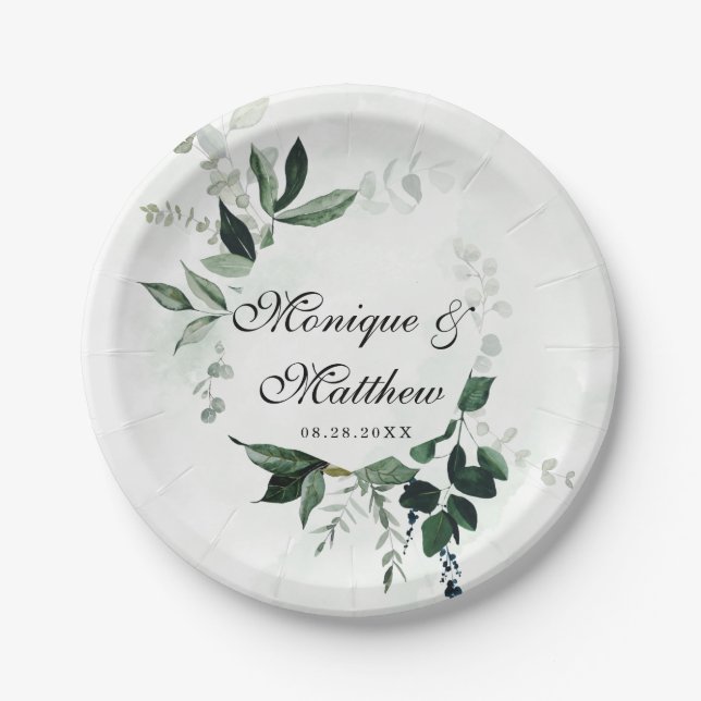 Assiettes En Carton Bois rustique verte Mariage Eucalyptus (Devant)