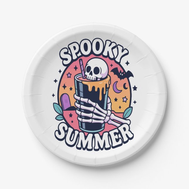 Assiettes En Carton Boisson de squelette d'été Éffrayante d'Halloween (Devant)