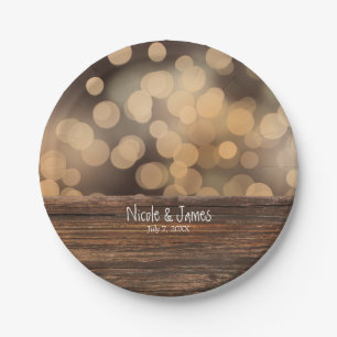 Assiettes En Carton Bokeh Lights & Wood Rustic Sparkle Mariage