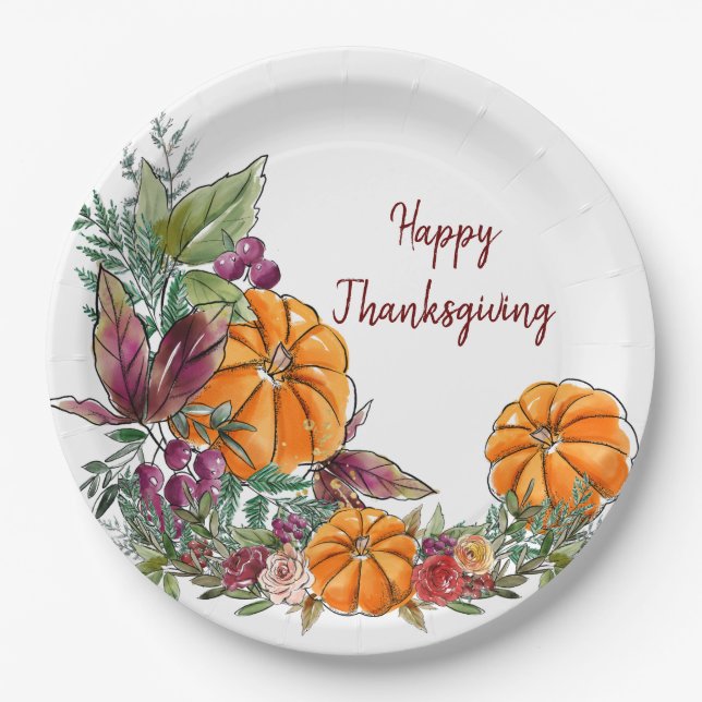 Assiettes En Carton Bon thanksgiving aquarelle Citrouilles Automne (Devant)