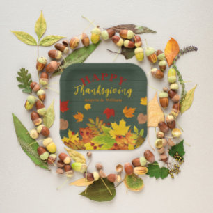 Assiettes En Carton Bon thanksgiving Chute Coloré Feuillage Sur Bois