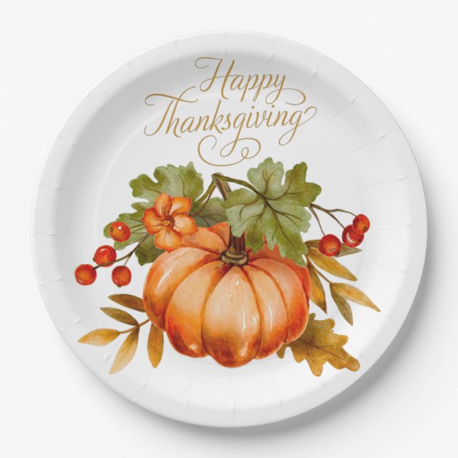 Assiettes En Carton Bon thanksgiving Citrouille aquarelle et baies  (Devant)