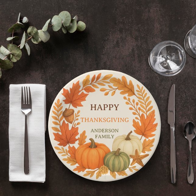 Assiettes En Carton Bon thanksgiving citrouille chute feuillage beige (Créateur téléchargé)