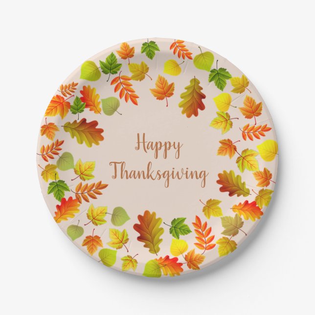 Assiettes En Carton Bon thanksgiving Feuilles d'automne sur le beige (Devant)