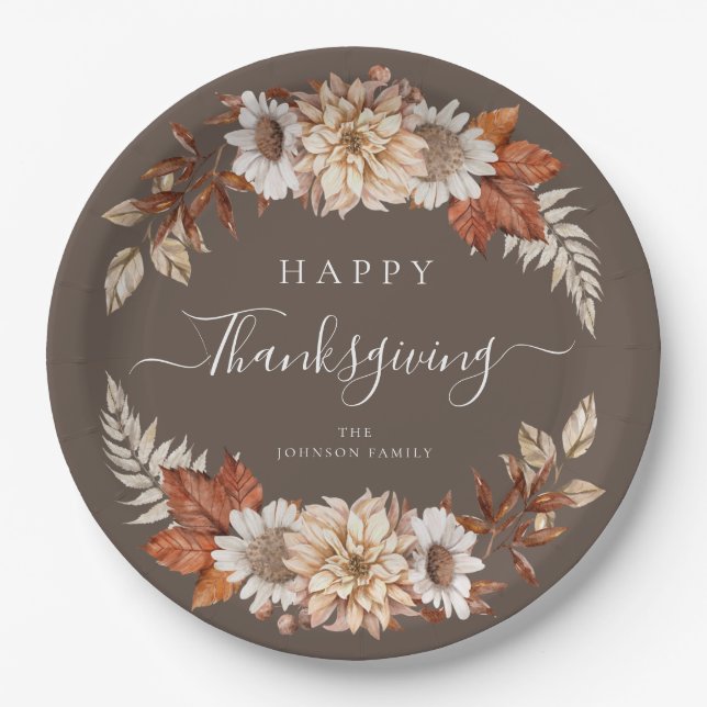 Assiettes En Carton Bon thanksgiving floral à automne Brown rustique (Devant)