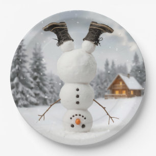Assiettes En Carton Bonhomme de neige amusant faisant un équilibre sur