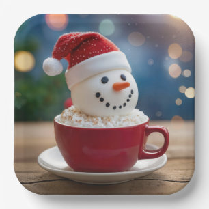 Assiettes En Carton Bonhomme de neige de Noël dans un chocolat chaud