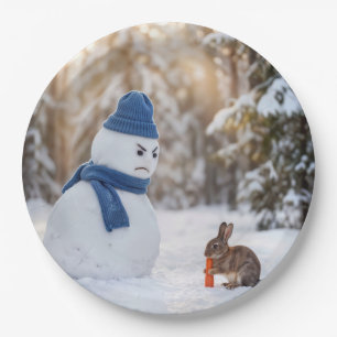 Assiettes En Carton Bonhomme de neige fronçant les sourcils devant un 