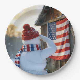 Assiettes En Carton Bonhomme de neige saluant un drapeau américain