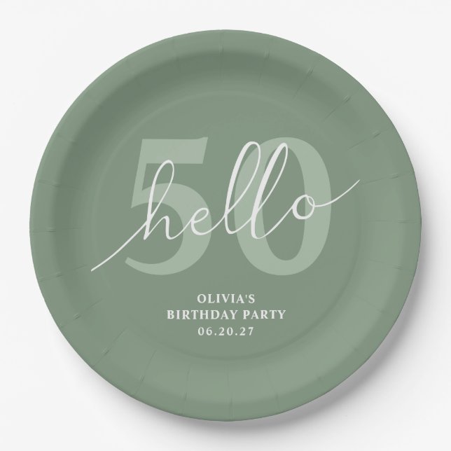 Assiettes En Carton Bonjour 50 | Moderne Simple Sage Green 50e anniver (Devant)