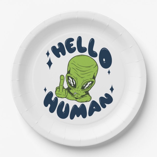 Assiettes En Carton Bonjour Alien drôle humain (Devant)