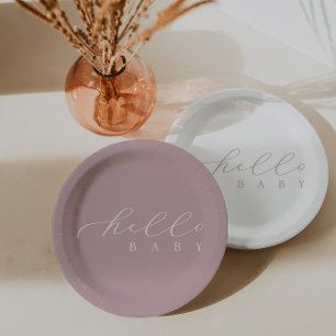 Assiettes En Carton Bonjour Baby Pink Script Baby shower minimaliste