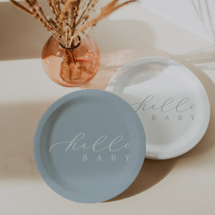 Assiettes En Carton Bonjour Bébé Bleu Script Baby shower minimaliste