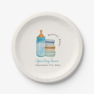 Assiettes En Carton Bonjour Bébé Macarons Bleus et Garçon Lait Fête Pr