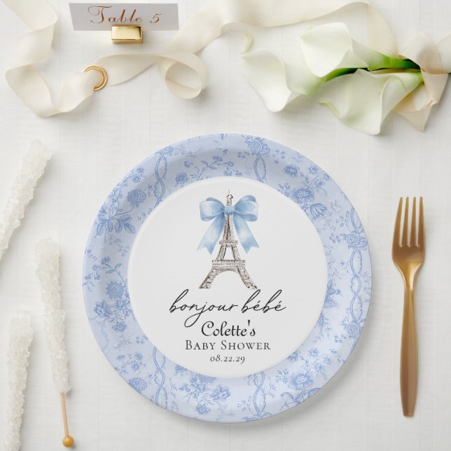 Assiettes En Carton Bonjour Bebe Romantique Bleu Toile Française (Mariage)