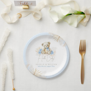 Assiettes En Carton Bonjour bébé Teddy Bear Boho Blue Boy Baby shower