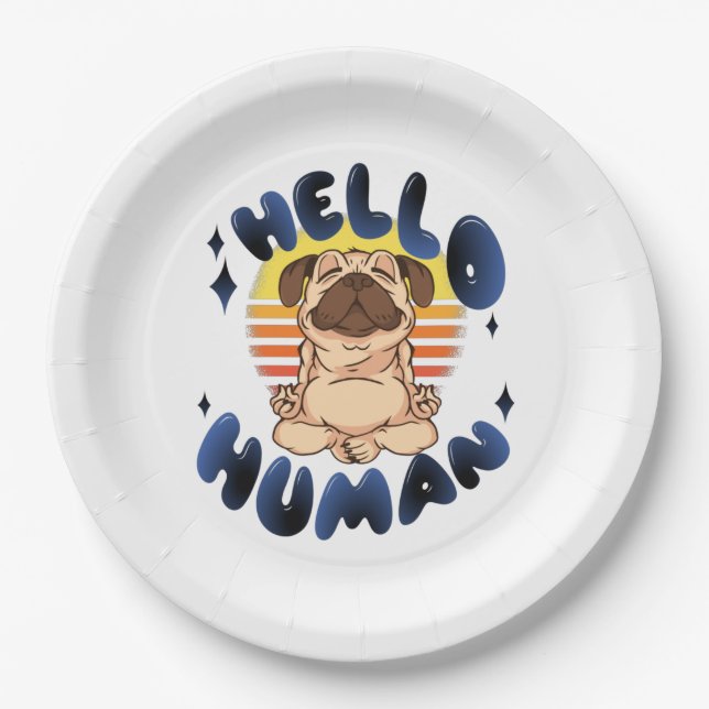Assiettes En Carton Bonjour humain Méditer chien de yoga (Devant)